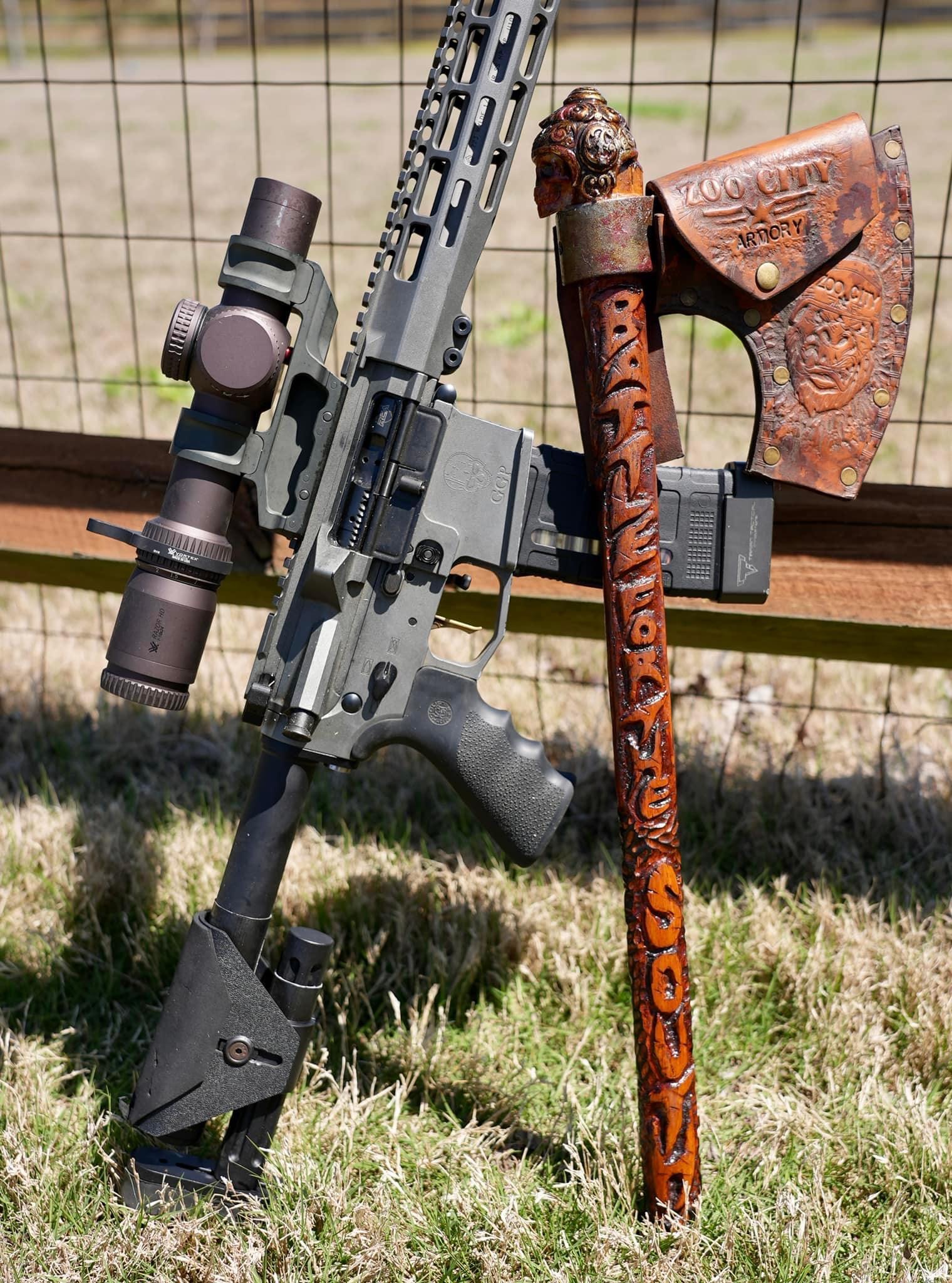 JP Sullivan's custom GGP MKII Light Rifle and Battle For The South handcrafted trophy by @heathen.bladeworks